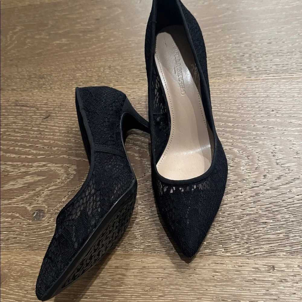 Karl Lagerfeld Paris Black Lace Pointed Toe Heels | KL Logo Classic Pump size 9 - Picture 4 of 6